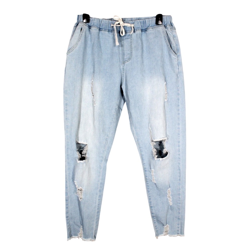 HAYDEN Light Wash DESTROYED Elastic Waist TAPERED LEG High-Rise DENIM JEANS sz L